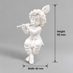 White Baby Krishna Idol with Flute & Peacock Feather | 3D Printed Decorative Statue