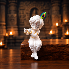 White Baby Krishna Idol with Flute & Peacock Feather | 3D Printed Decorative Statue