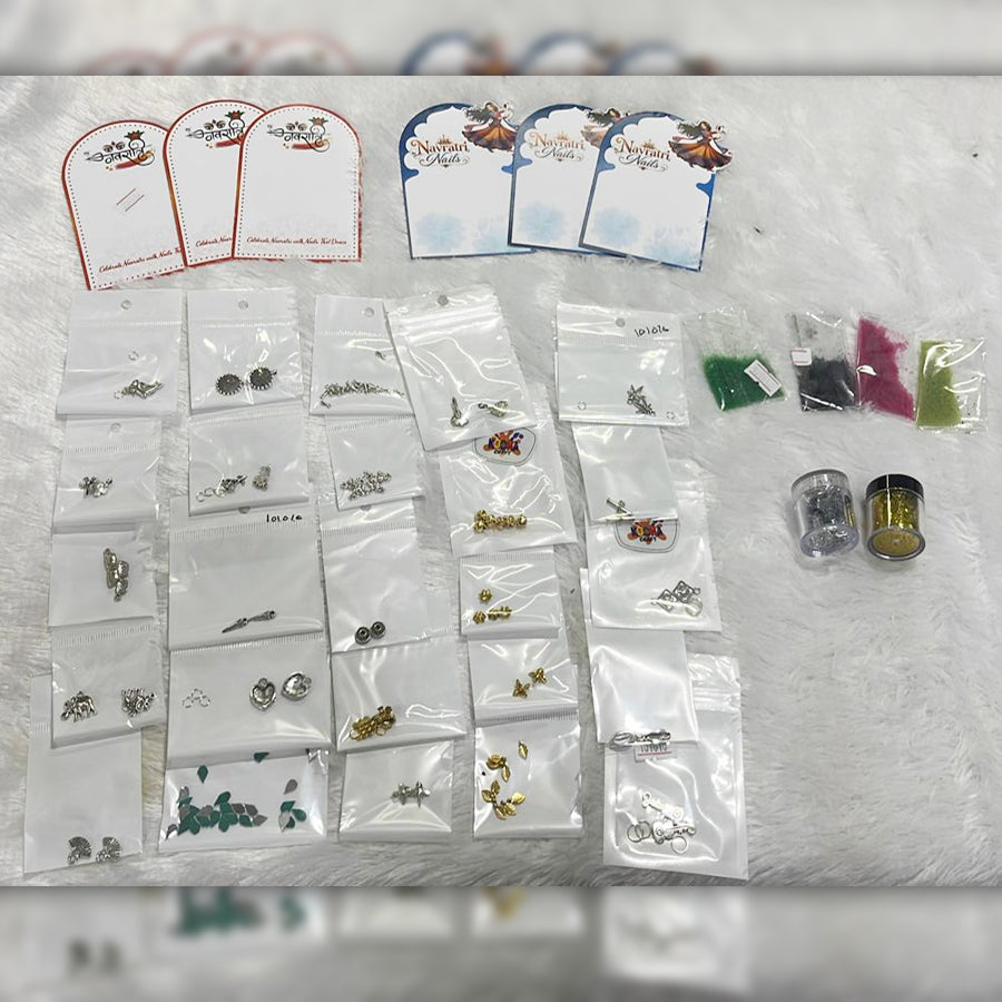 Navratri Nail Art Combo Kit – 25Pcs Charms, Gold & Silver Glitter, 4 Color Caviar Balls & 6 Press-On Nail Cards