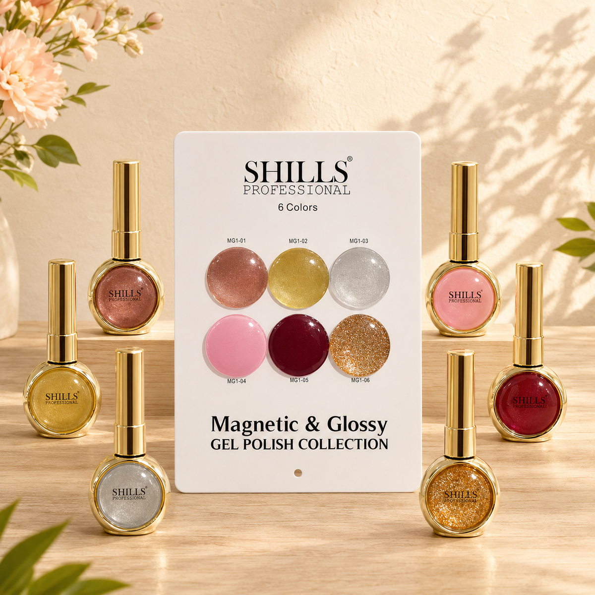 6 Color Gel Polish Set SHILLS Professional – 3 Cat Eye, 2 Gel Polish & 1 Glitter