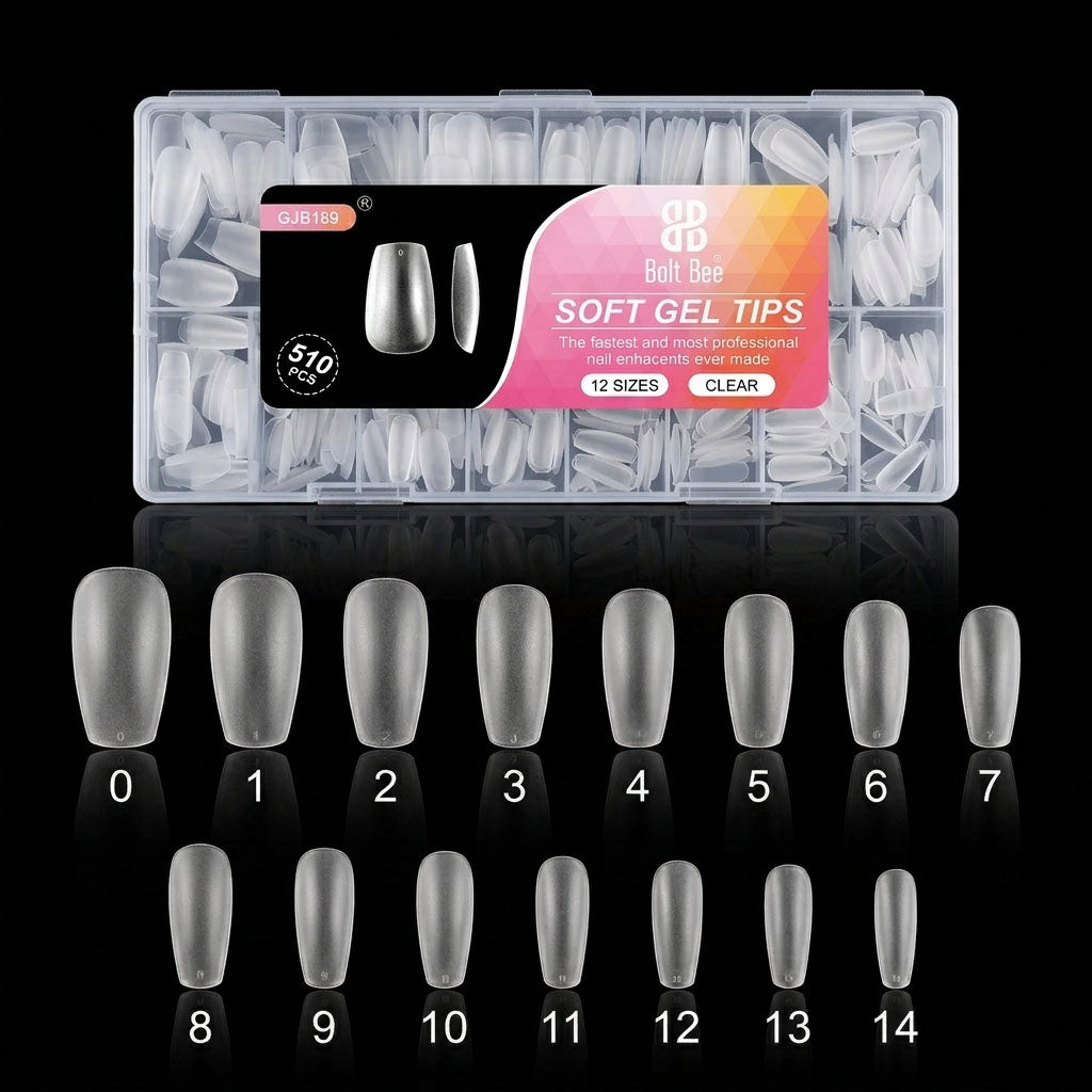 Coffin Tips Bolt Bee Soft Gel Tips – 510 PCS | Clear Nail Extension | 15 Sizes | GJB 189