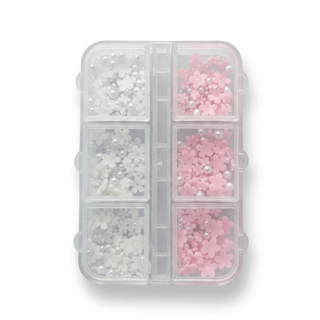 White & Pink Flower Box for Nail Art – Floral Nail Decorations