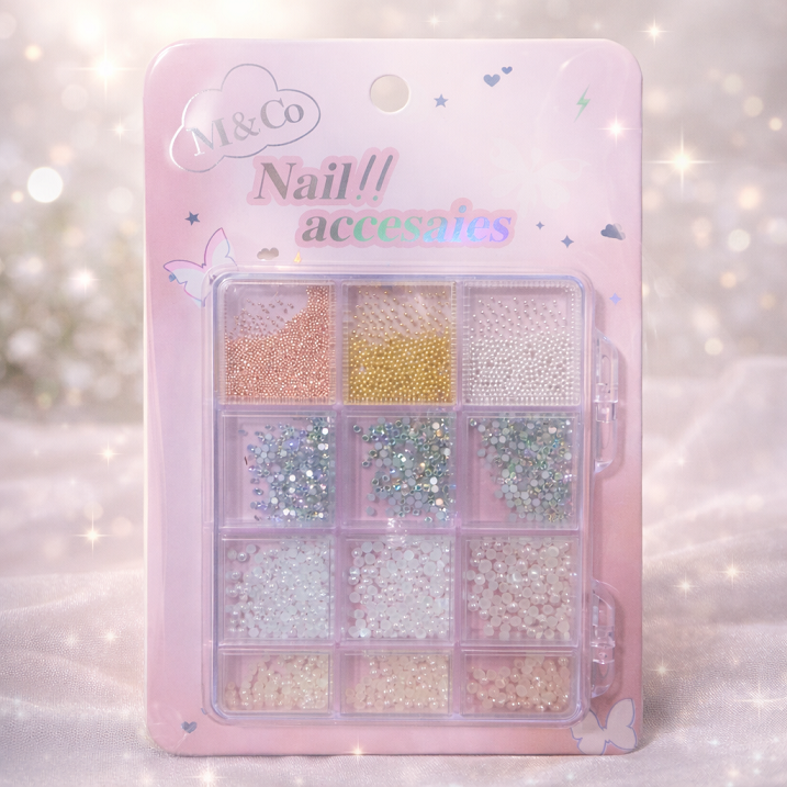 Diamond, Caviar Balls & White Half Pearl Mix Decoration Box for Nail Art