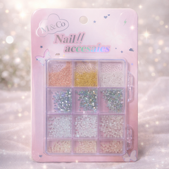 Diamond, Caviar Balls & White Half Pearl Mix Decoration Box for Nail Art