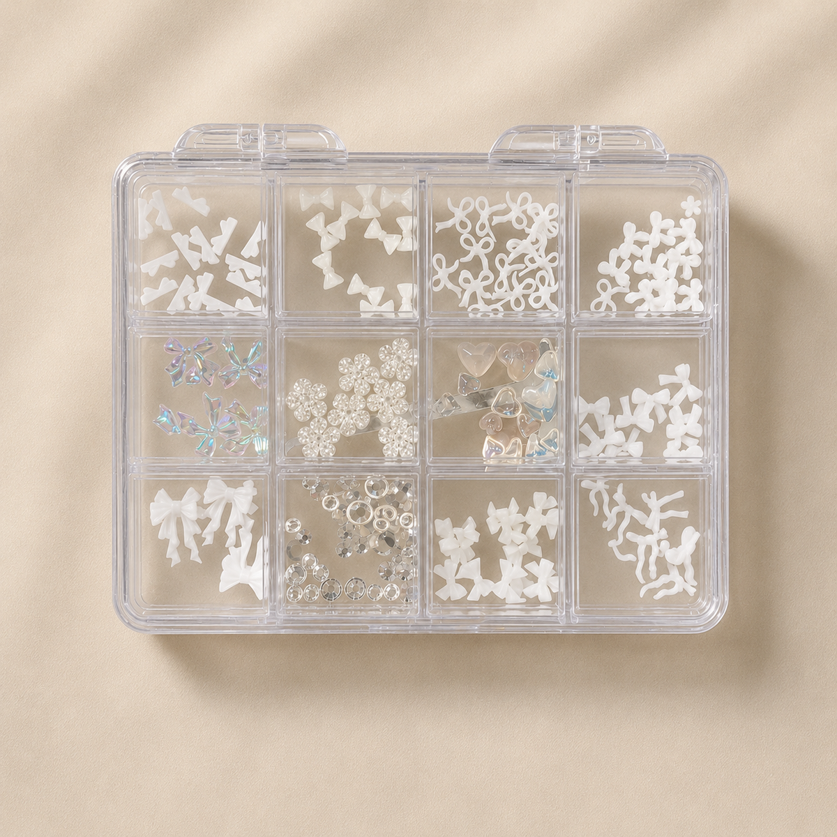 White Nail Art Decoration Box | Mixed 12 Grid 3D Decoration for Nail Art