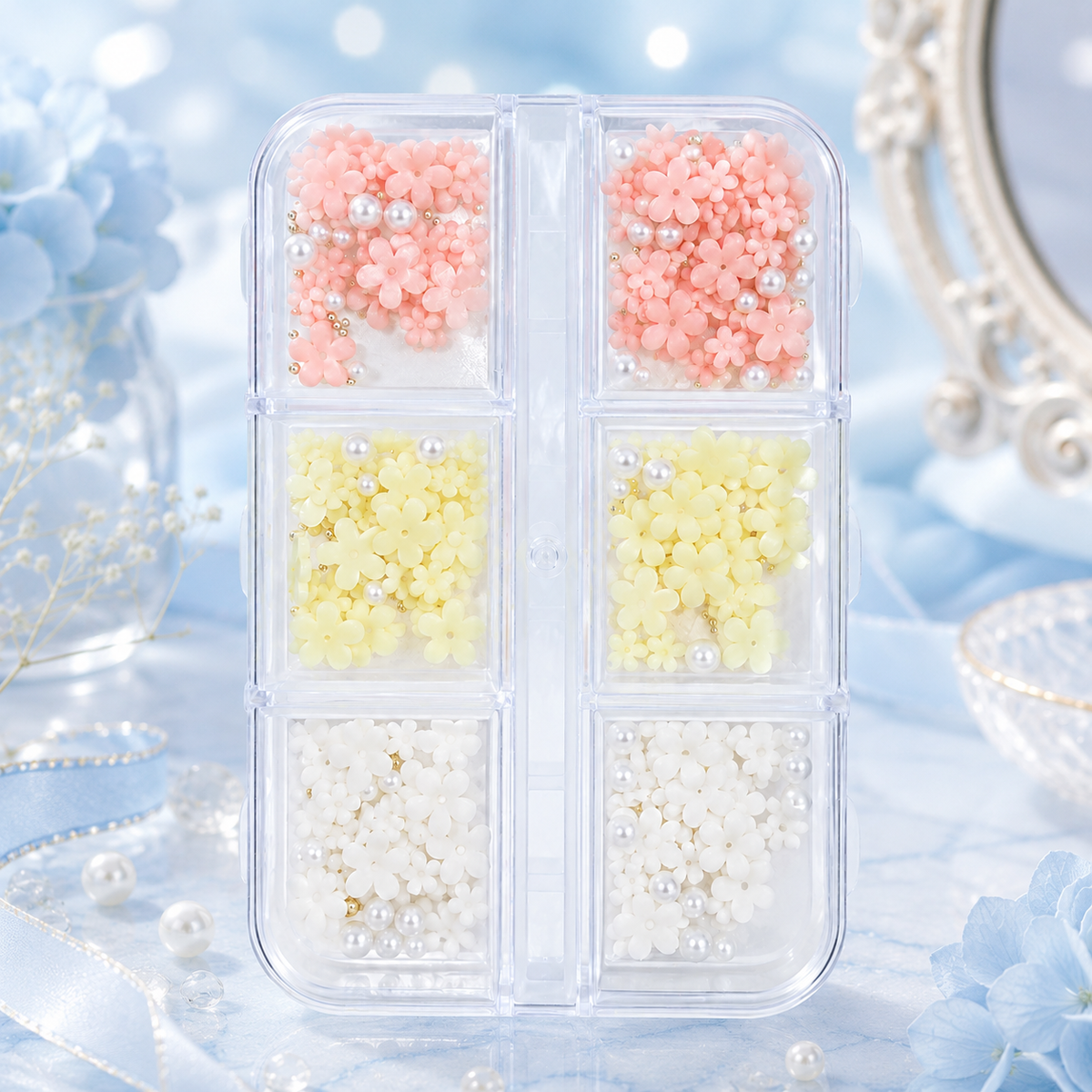6 Grid 3D Flower Nail Art Charms with Pearls | Floral Nail Decoration Box
