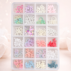 Pearl, Bow & Flower Nail Art Decoration Box | 24 Grid 3D Nail Charms Set