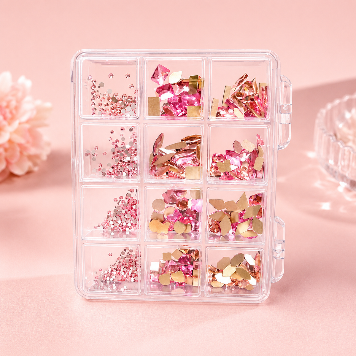 12 Grid Pink Rhinestone Nail Art Decoration Box | 3D Crystal Gems & Stone Charms for Nails