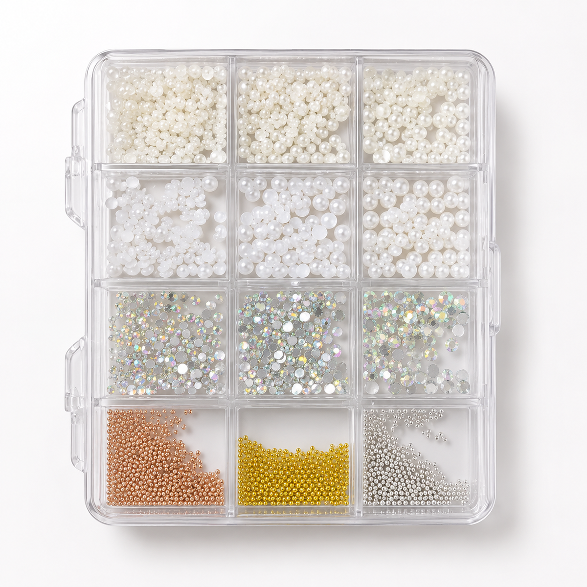12 Grid Mixed Half Pearl, Rhinestone & Caviar Beads Nail Art Decoration Box