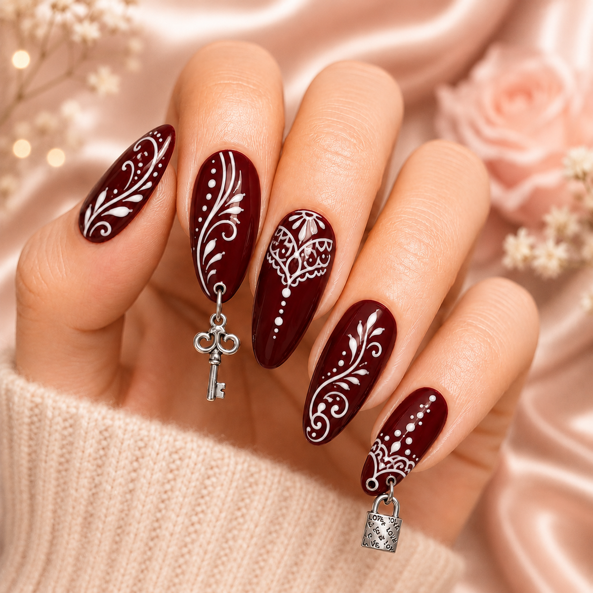 Silver 3D Nail Art Charms Set – Key, Lock & Double Ring Nail Decoration