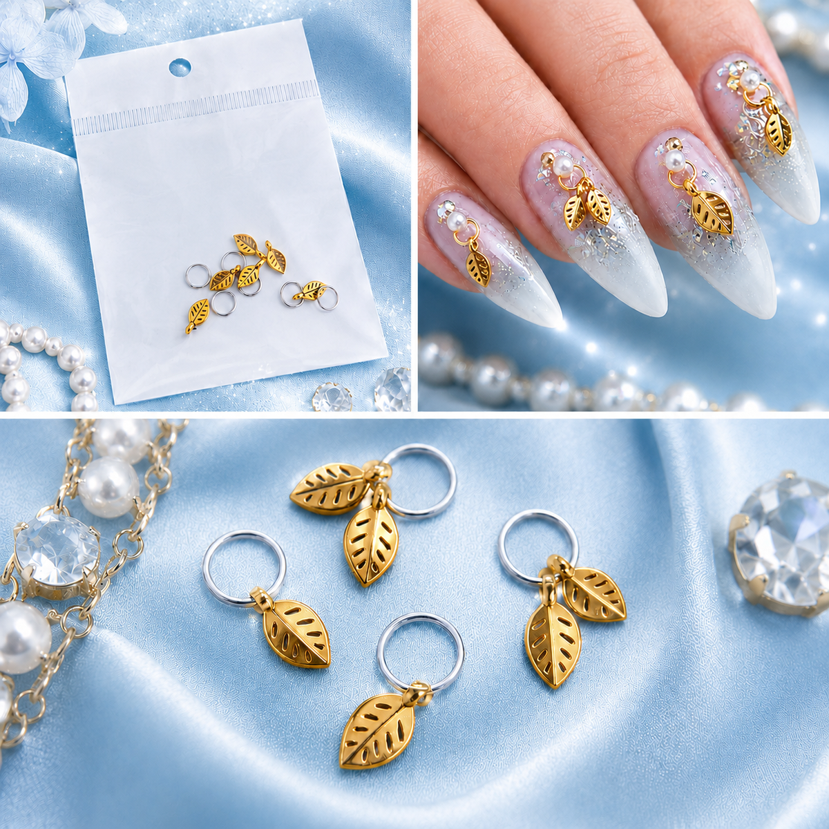 Golden Leaf Nail Art Charms Set for Navratri Nails