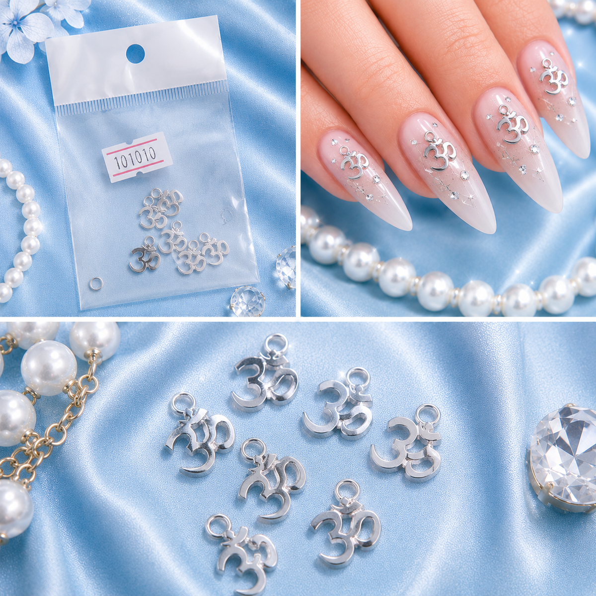 Om Symbol Nail Art Charms – Antique Silver 3D Metal Nail Decoration for Acrylic, Gel & Press On Nailss