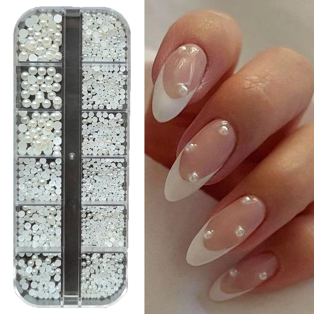 12 Grid Natural Pearl Color Nail Art Semi Circle Flat Back Decoration Set